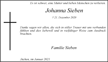 Traueranzeige von Johanna Sieben von trauer.stadt-kurier.de
