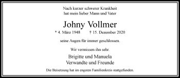 Traueranzeige von Johny Vollmer von trauer.wuppertaler-rundschau.de
