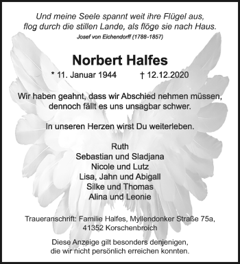 Traueranzeige von Norbert Halfes von trauer.extra-tipp-moenchengladbach.de