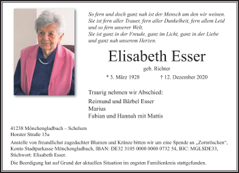 Traueranzeige von Elisabeth Esser von trauer.extra-tipp-moenchengladbach.de