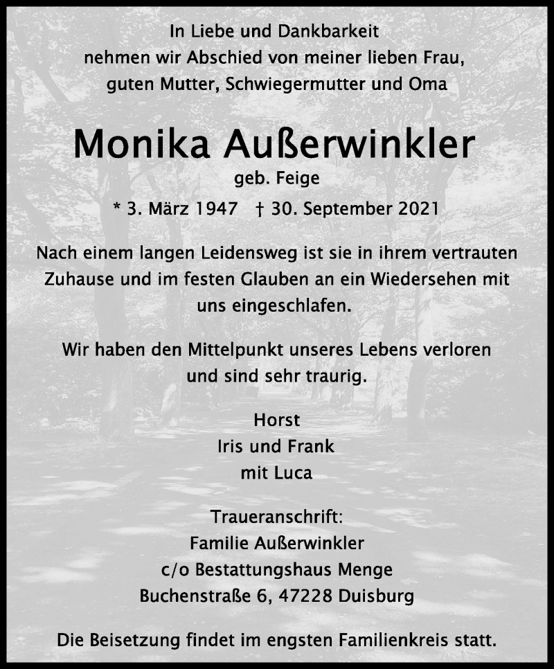  Traueranzeige für Monika Außerwinkler vom 10.10.2021 aus trauer.mein.krefeld.de