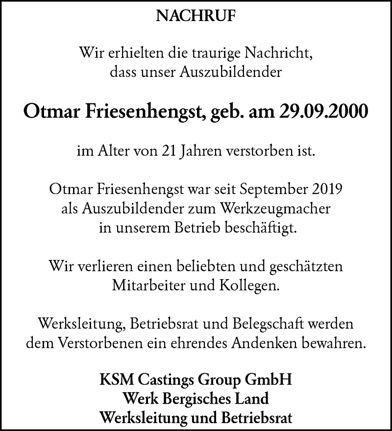  Traueranzeige für Otmar Friesenhengst vom 30.10.2021 aus trauer.wuppertaler-rundschau.de