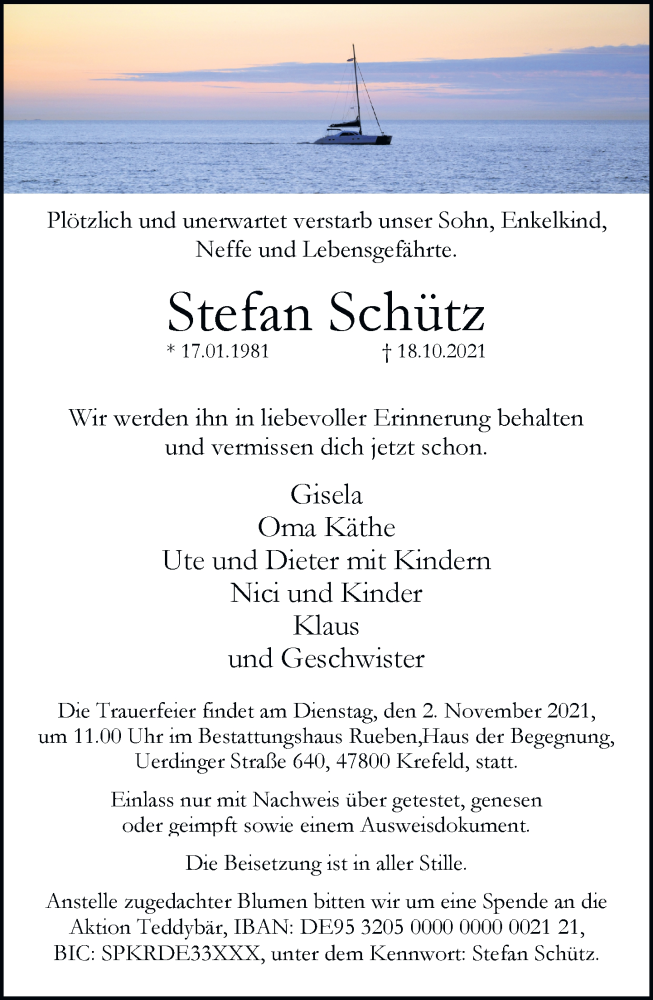  Traueranzeige für Stefan Schütz vom 24.10.2021 aus trauer.mein.krefeld.de