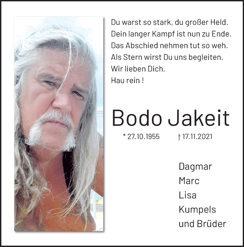  Traueranzeige für Bodo Jakeit vom 21.11.2021 aus trauer.mein.krefeld.de