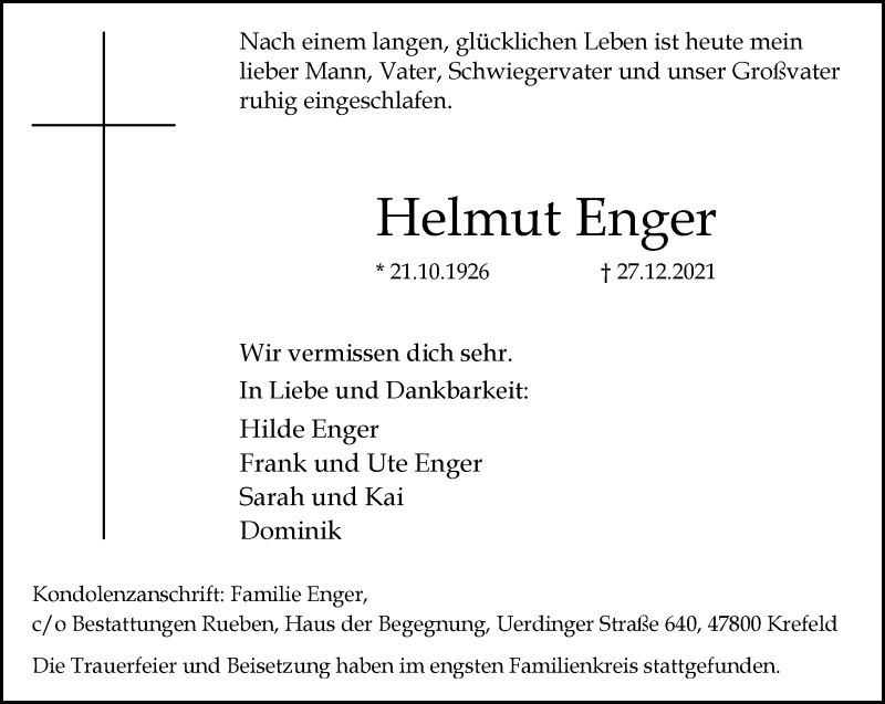  Traueranzeige für Helmut Enger vom 09.01.2022 aus trauer.mein.krefeld.de