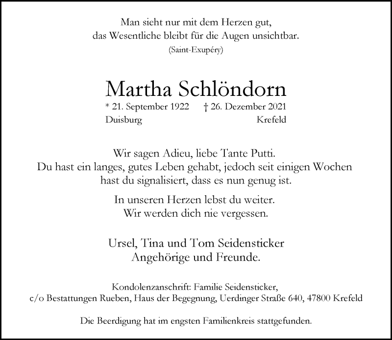  Traueranzeige für Martha Schlöndorn vom 09.01.2022 aus trauer.mein.krefeld.de