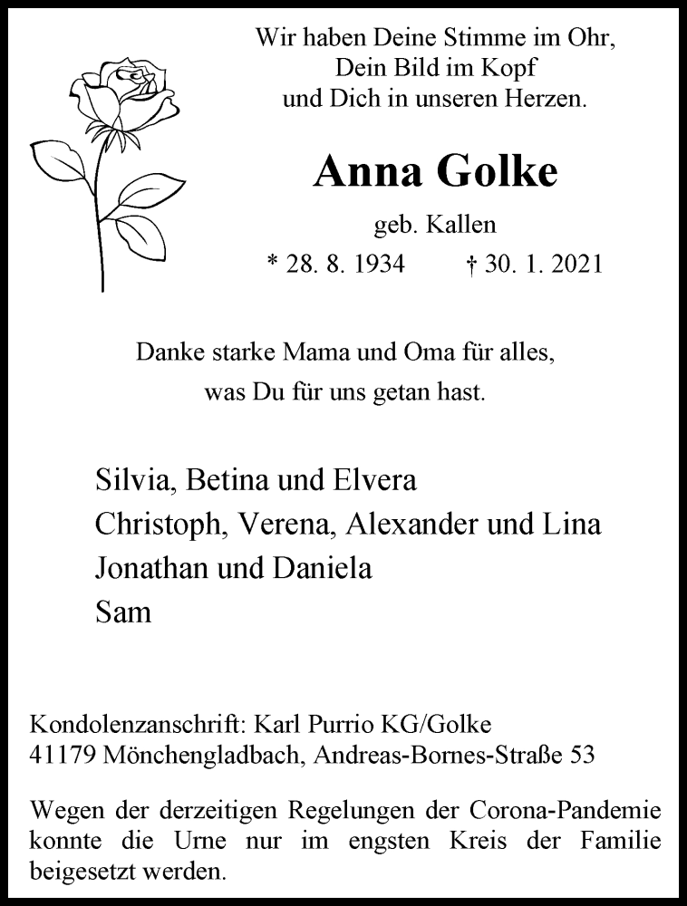  Traueranzeige für Anna Golke vom 14.02.2021 aus trauer.extra-tipp-moenchengladbach.de