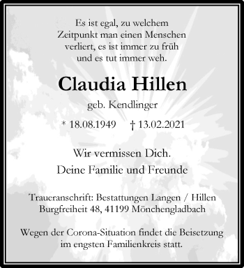 Traueranzeige von Claudia Hillen von trauer.extra-tipp-moenchengladbach.de