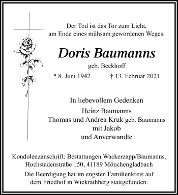 Traueranzeige von Doris Baumanns von trauer.extra-tipp-moenchengladbach.de