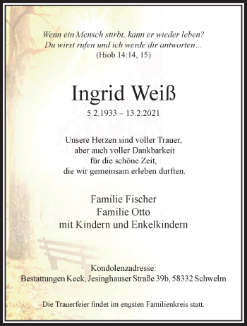 Traueranzeige von Ingrid Weiß von trauer.wuppertaler-rundschau.de