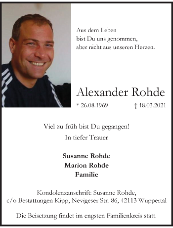 Traueranzeige von Alexander Rohde von trauer.wuppertaler-rundschau.de