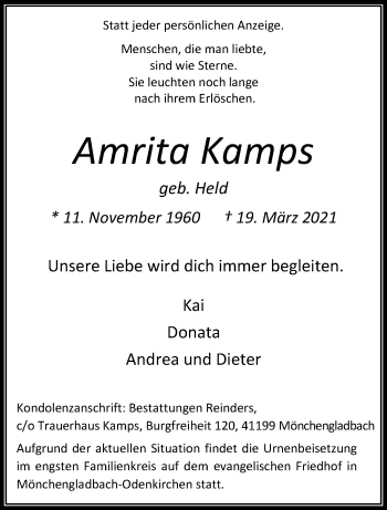 Traueranzeige von Amrita Kamps von trauer.extra-tipp-moenchengladbach.de