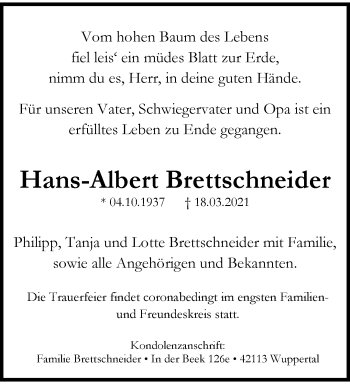 Traueranzeige von Hans-Albert Brettschneider von trauer.wuppertaler-rundschau.de