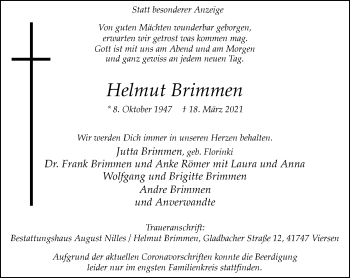 Traueranzeige von Helmut Brimmen von trauer.extra-tipp-moenchengladbach.de
