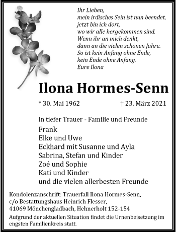 Traueranzeige von Ilona Hornres-Senn von trauer.extra-tipp-moenchengladbach.de