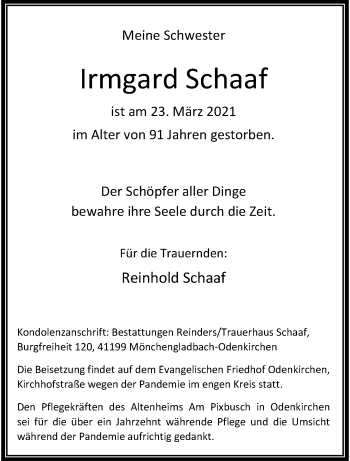 Traueranzeige von Irmgard Schaaf von trauer.extra-tipp-moenchengladbach.de