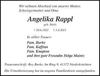 Traueranzeige von Angelika Rappl von trauer.extra-tipp-moenchengladbach.de