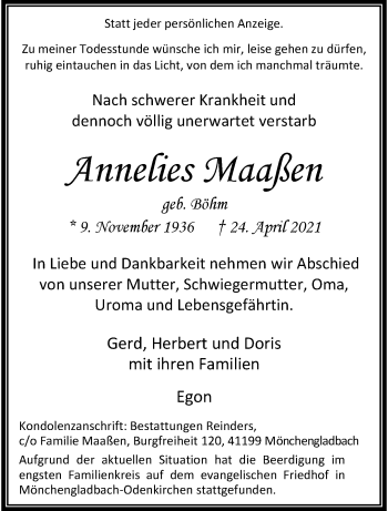 Traueranzeige von Annelies Maaßen von trauer.extra-tipp-moenchengladbach.de
