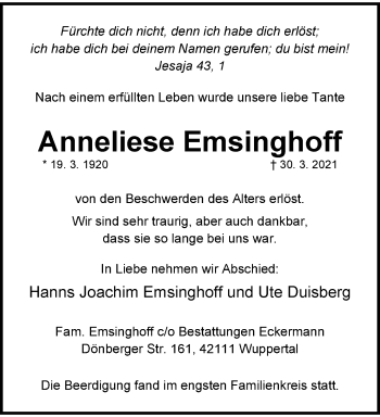 Traueranzeige von Anneliese Emsinghoff von trauer.wuppertaler-rundschau.de
