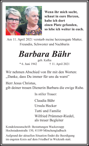 Traueranzeige von Barbara Bähr von trauer.extra-tipp-moenchengladbach.de