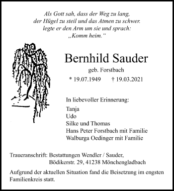 Traueranzeige von Bernhild Sauder von trauer.extra-tipp-moenchengladbach.de