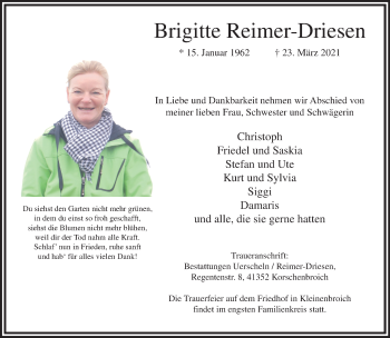 Traueranzeige von Brigitte Reimer-Driesen von trauer.extra-tipp-moenchengladbach.de
