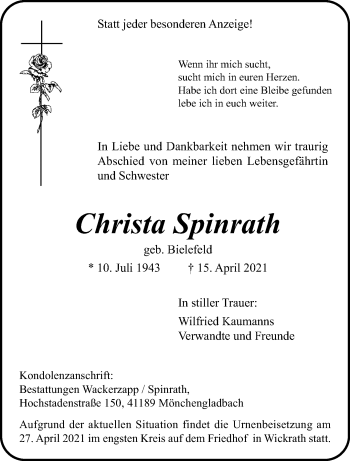 Traueranzeige von Christa Spinrath von trauer.extra-tipp-moenchengladbach.de