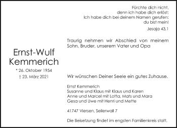 Traueranzeige von Ernst-Wulf Kemmerich von trauer.extra-tipp-moenchengladbach.de