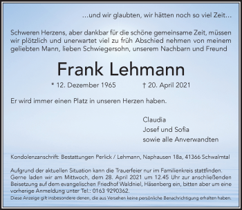 Traueranzeige von Frank Lehmann von trauer.extra-tipp-moenchengladbach.de
