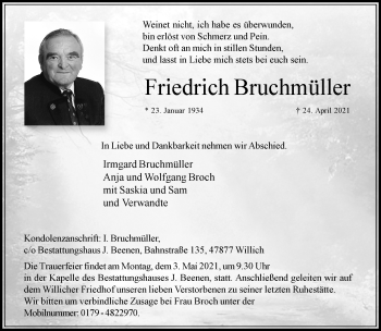 Traueranzeige von Friedrich Bruchmüller von trauer.extra-tipp-moenchengladbach.de