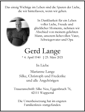 Traueranzeige von Gerd Lange von trauer.wuppertaler-rundschau.de