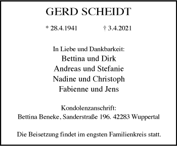 Traueranzeige von Gerd Scheidt von trauer.wuppertaler-rundschau.de