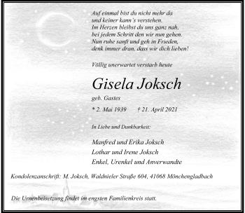 Traueranzeige von Gisela Joksch von trauer.extra-tipp-moenchengladbach.de