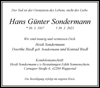 Traueranzeige von Hans Günter Sondermann von trauer.wuppertaler-rundschau.de