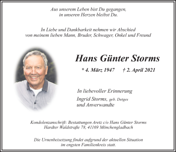 Traueranzeige von Hans Günter Storms von trauer.extra-tipp-moenchengladbach.de