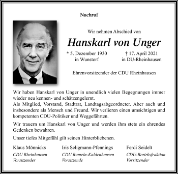 Traueranzeige von Hanskarl von Unger von trauer.mein.krefeld.de
