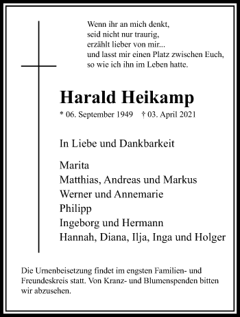 Traueranzeige von Harald Heikamp von trauer.extra-tipp-moenchengladbach.de