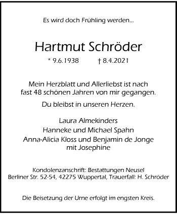 Traueranzeige von Hartmut Schröder von trauer.wuppertaler-rundschau.de