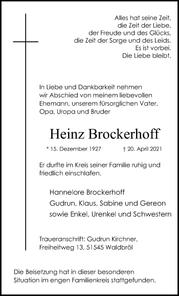 Traueranzeige von Heinz Brockerhoff von trauer.extra-tipp-moenchengladbach.de