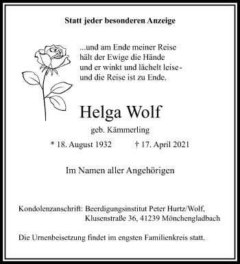 Traueranzeige von Helga Wolf von trauer.extra-tipp-moenchengladbach.de