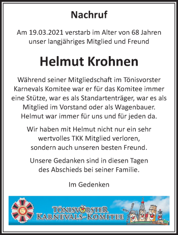 Traueranzeige von Helmut Krohnen von trauer.mein.krefeld.de
