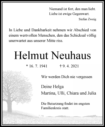 Traueranzeige von Helmut Neuhaus von trauer.wuppertaler-rundschau.de