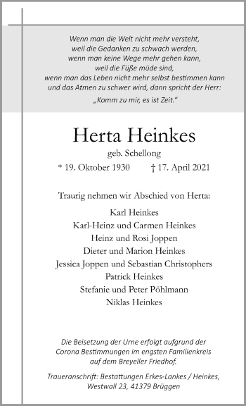 Traueranzeige von Herta Heinkes von trauer.extra-tipp-moenchengladbach.de