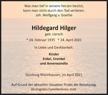 Traueranzeige von Hildegard Hilger von trauer.mein.krefeld.de