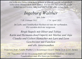 Traueranzeige von Ingeburg Walther von trauer.stadt-kurier.de