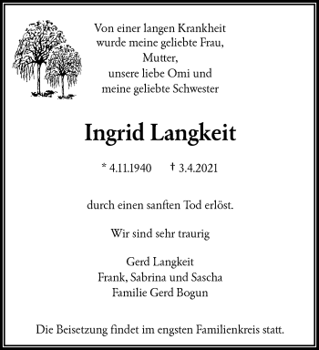 Traueranzeige von Ingrid Langkeit von trauer.wuppertaler-rundschau.de