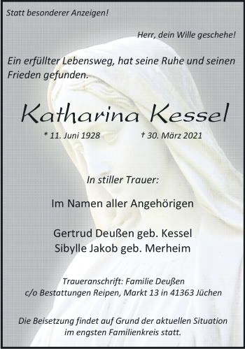 Traueranzeige von Katharina Kessel von trauer.stadt-kurier.de