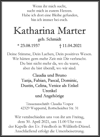Traueranzeige von Katharina Marter von trauer.wuppertaler-rundschau.de