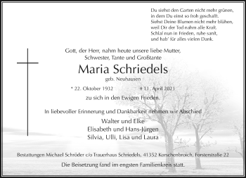 Traueranzeige von Maria Schriedels von trauer.extra-tipp-moenchengladbach.de