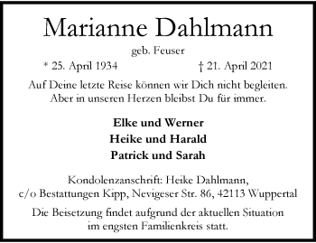 Traueranzeige von Marianne Dahlmann von trauer.wuppertaler-rundschau.de